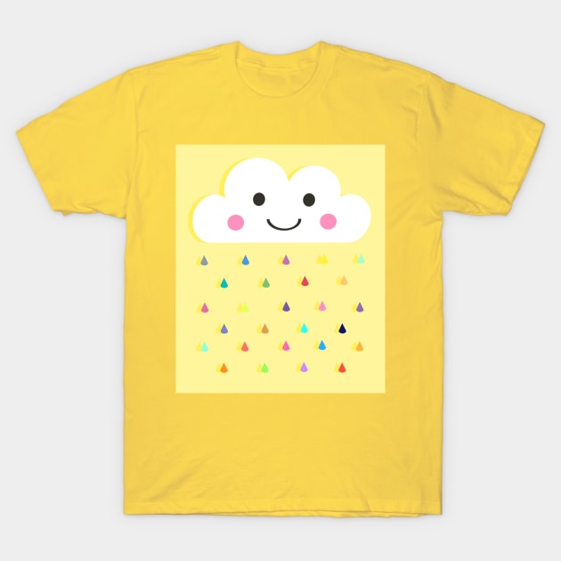 Rainbow Raindrops, Happy Rain Cloud, on Yellow T-Shirt by OneThreeSix